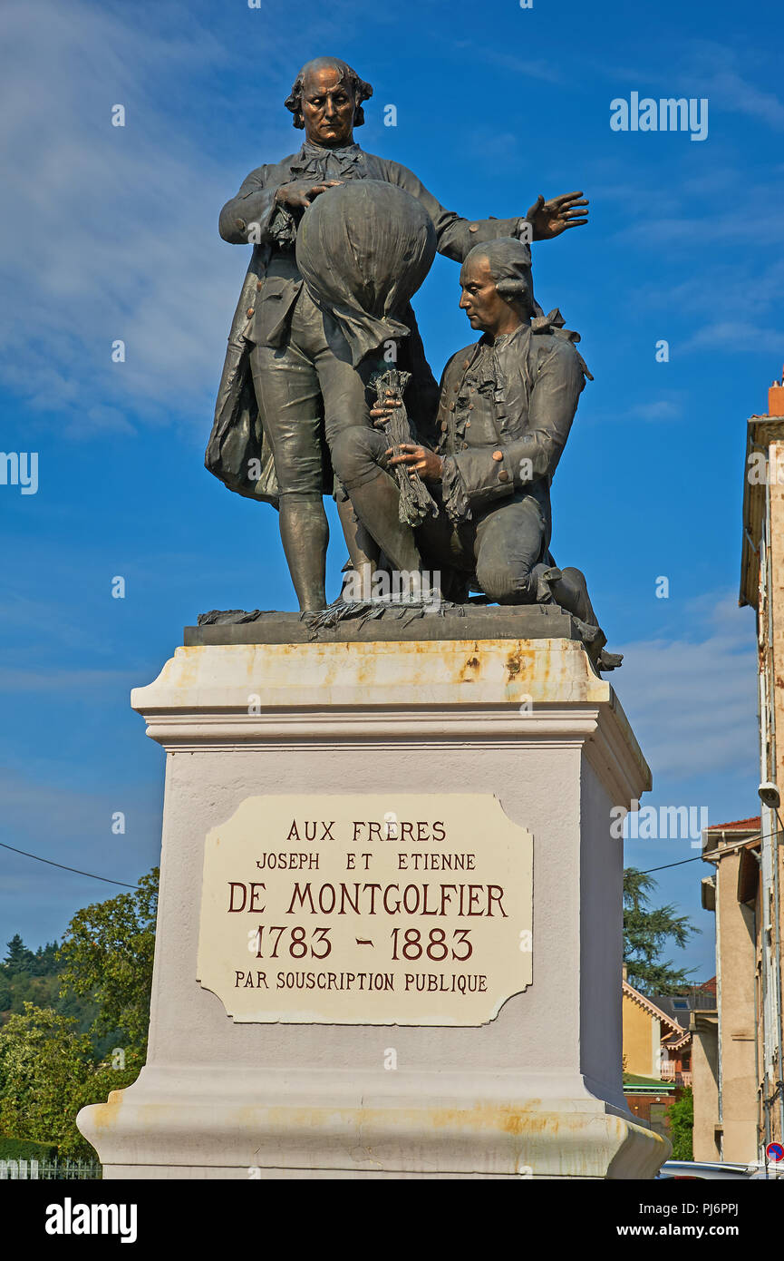 Statue of the Mongolfier brothers, the first to undertake balloon flight, in the centre of Annonay, Ardeche region, France Stock Photo