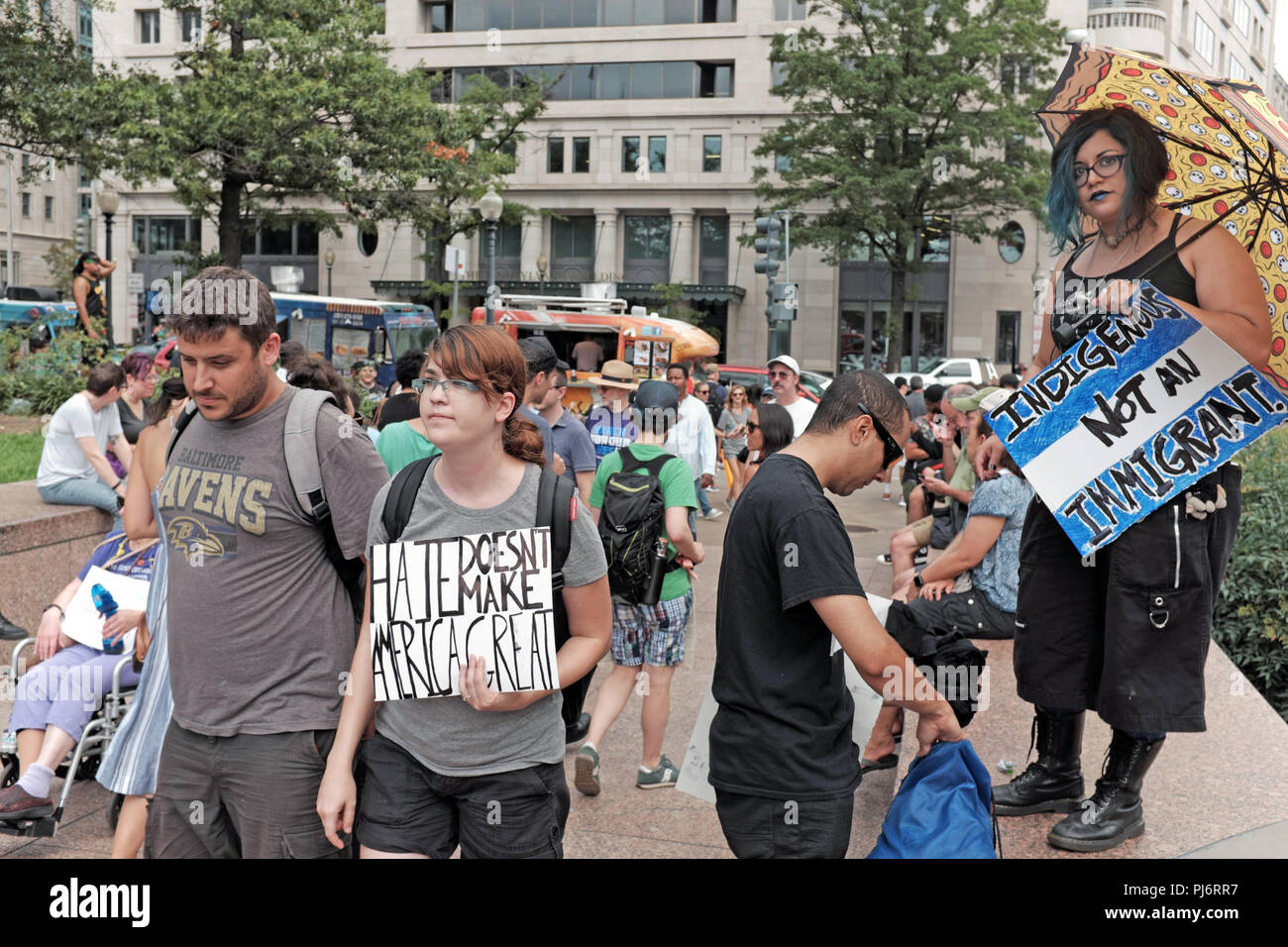 Hate Does Not Make America Great sign at rally in Freedom Park in Washington D.C. aimed at countering the alt-right rally in Lafayette Park Stock Photo