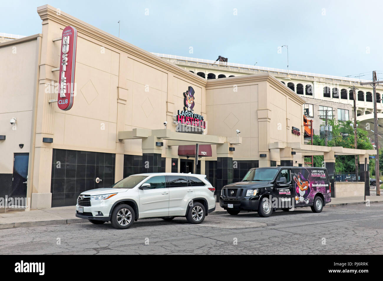 Larry Flynt's Hustler Club, an adult entertainment club, in the Flats district of Cleveland, Ohio, USA. Stock Photo