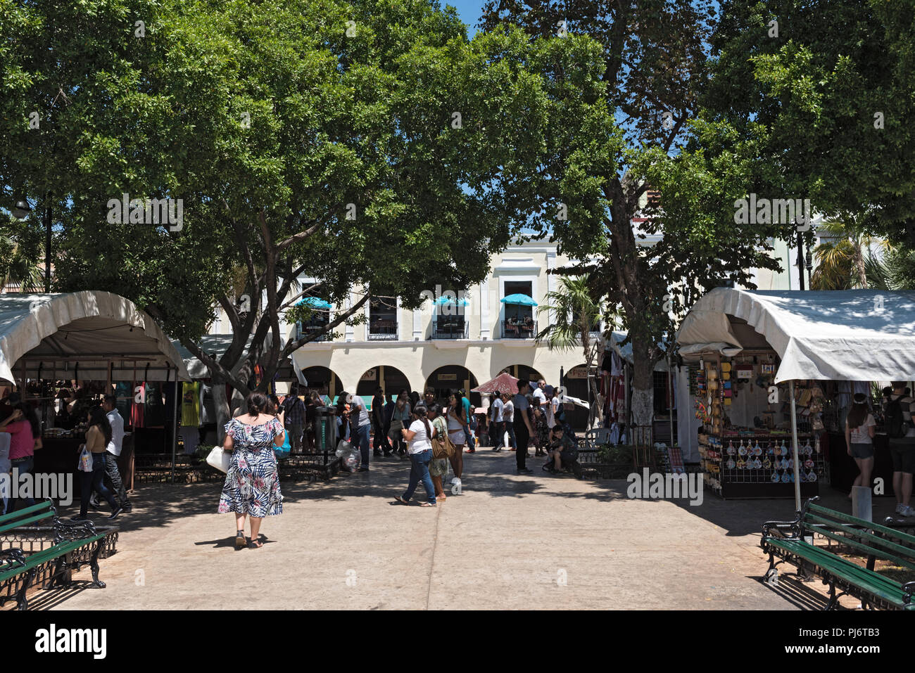Stalls at the street festival in the Plaza de la Independencia the Mérida en Domingo Merida on Sunday. Stock Photo