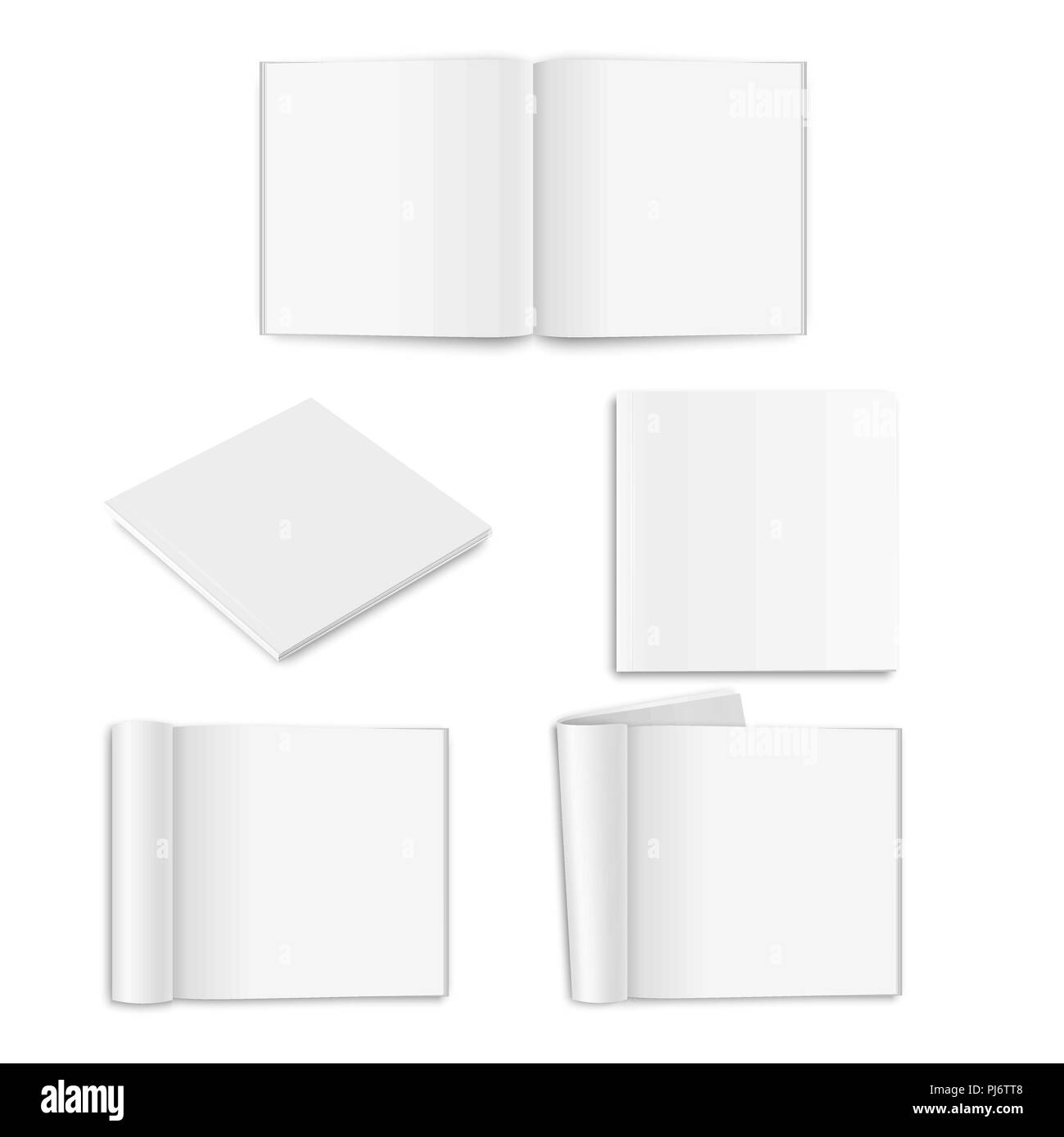 Vector realistic empty paper closed and opened square magazine, book, catalog or brochure with rolled white paper pages, turned sheets icon set closeup on white background. Design template, mockup for graphics. Front, top and isometric view Stock Vector
