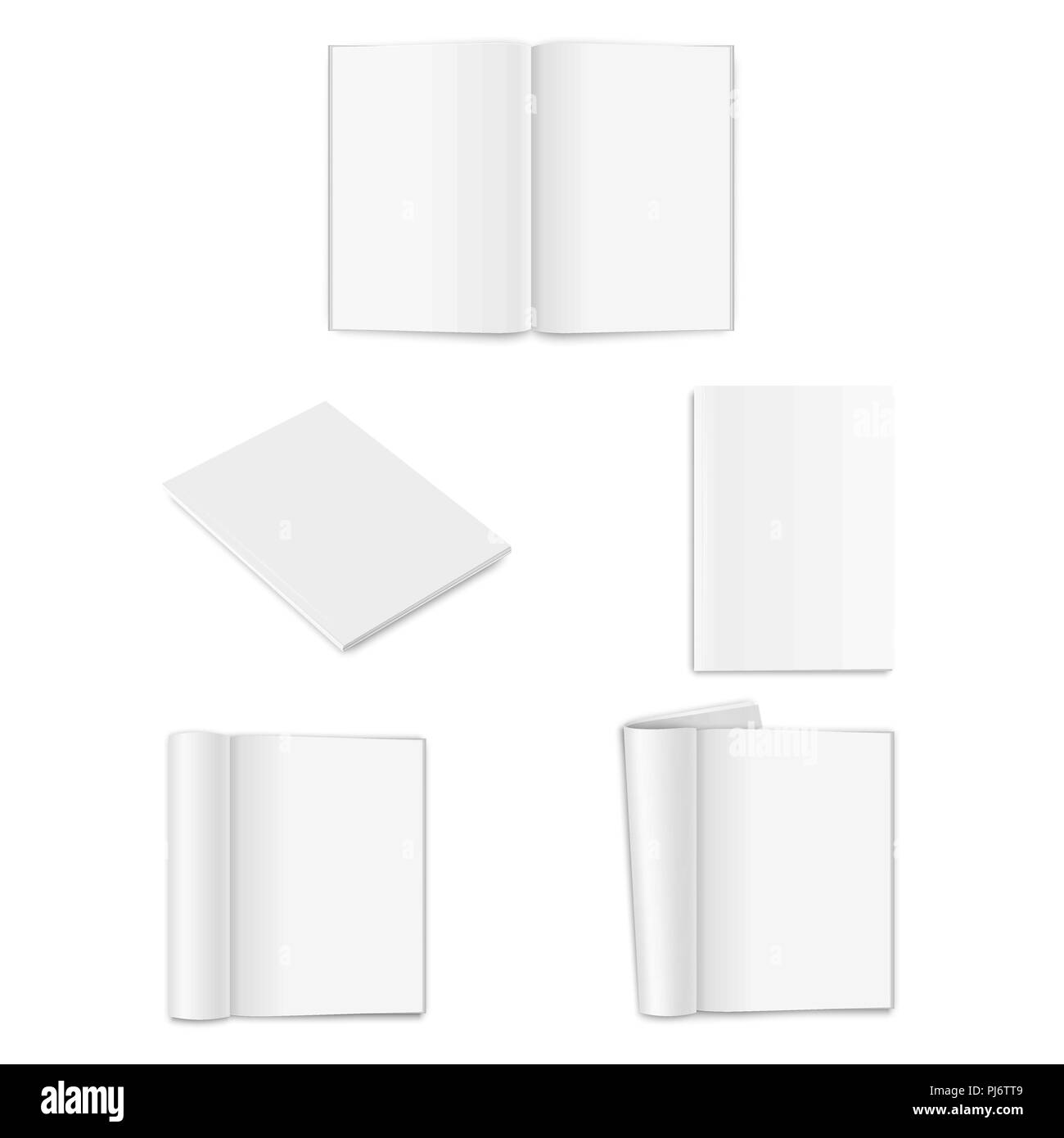 Vector realistic empty paper closed and opened A4 vertical magazine, book, catalog or brochure with rolled white paper pages, turned sheets icon set closeup on white background. Design template, mockup for graphics. Front, top and isometric view Stock Vector