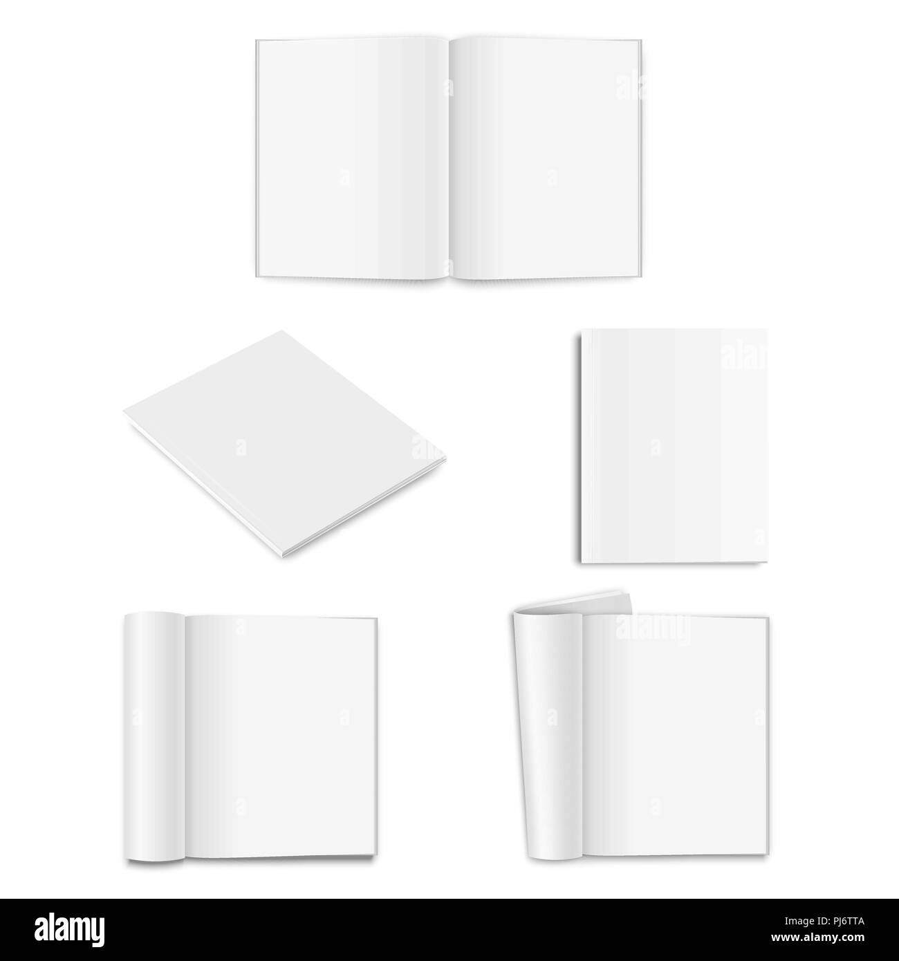 Vector realistic empty paper closed and opened A5 magazine, book, catalog or brochure with rolled white paper pages, turned sheets icon set closeup on white background. Design template, mockup for graphics. Front, top and isometric view Stock Vector