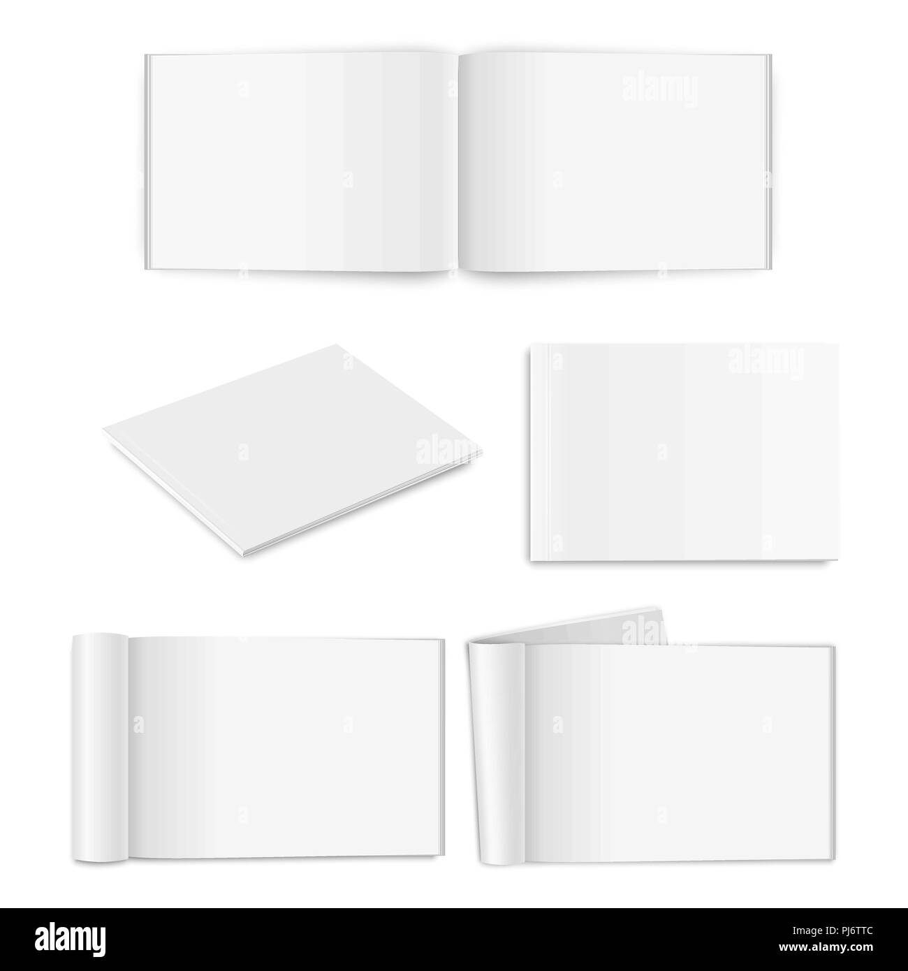 Vector realistic empty paper closed and opened A4 horizontal magazine, book, catalog or brochure with rolled white paper pages, turned sheets icon set closeup on white background. Design template, mockup for graphics. Front, top and isometric view Stock Vector