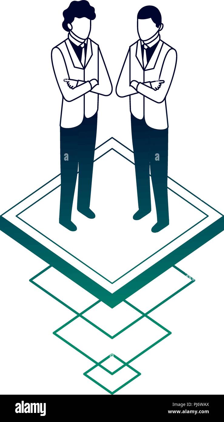 two businessman standing characters isometric vector illustration neon ...