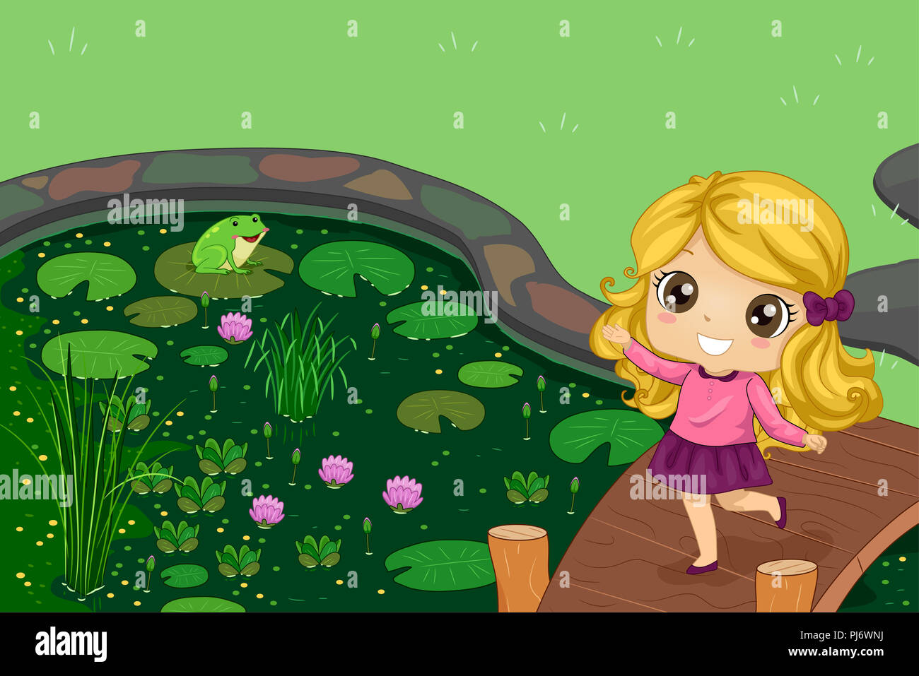 Illustration Of A Kid Girl Playing By The Pond With Frog On Lotus Plant illustration-of-a-kid-girl-playing-by-the-pond-with-frog-on-lotus-plant
