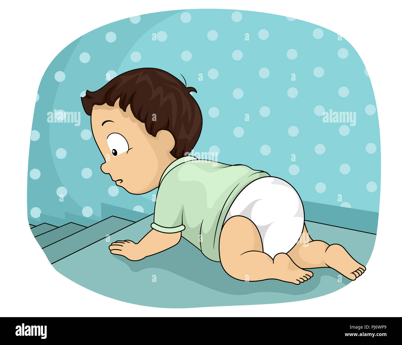 Illustration of a Baby Boy Crawling Towards the Top of the Stairs. Baby Hazard Stock Photo