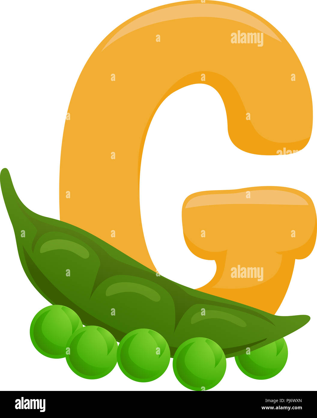 Illustration of Vegetables Alphabet, a Yellow Letter G and a Green Peas Stock Photo