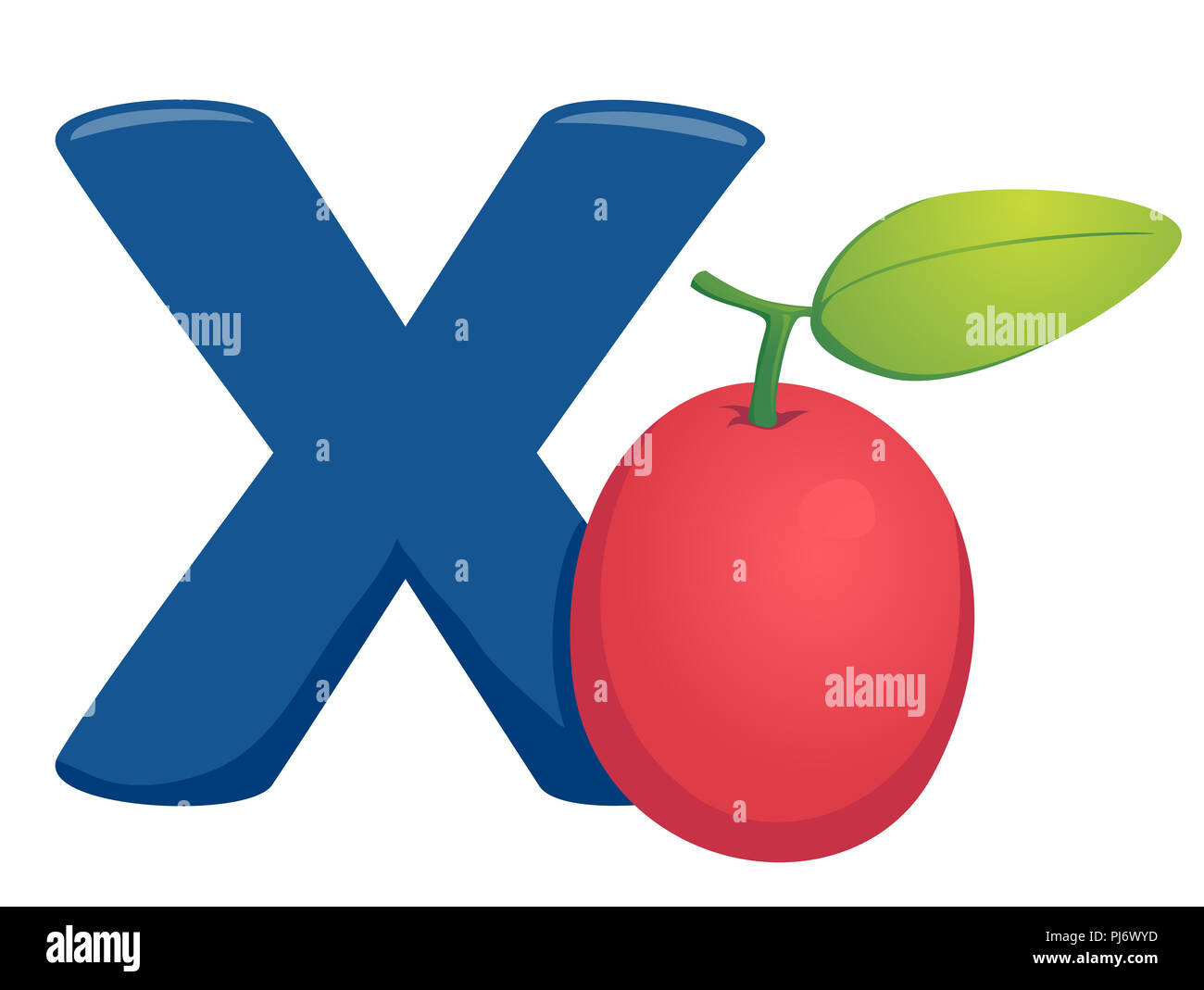 Illustration of Fruits Alphabet, a Blue Letter X and a Ximenia Stock Photo