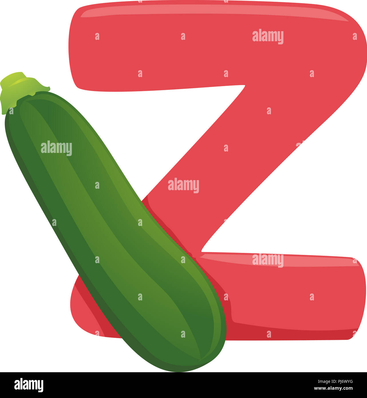 Illustration of Vegetables Alphabet, a Red Letter Z and a Zucchini Stock Photo