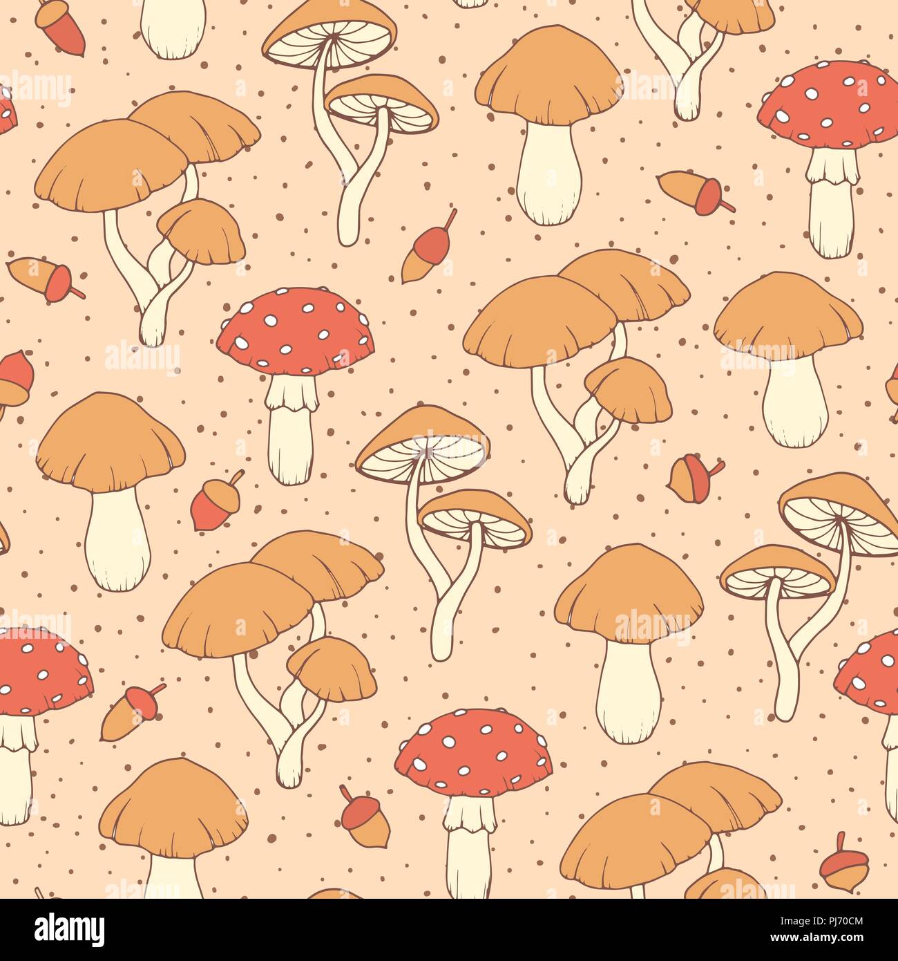 Vector autumn seamless pattern with amanita and cap mushrooms and ...
