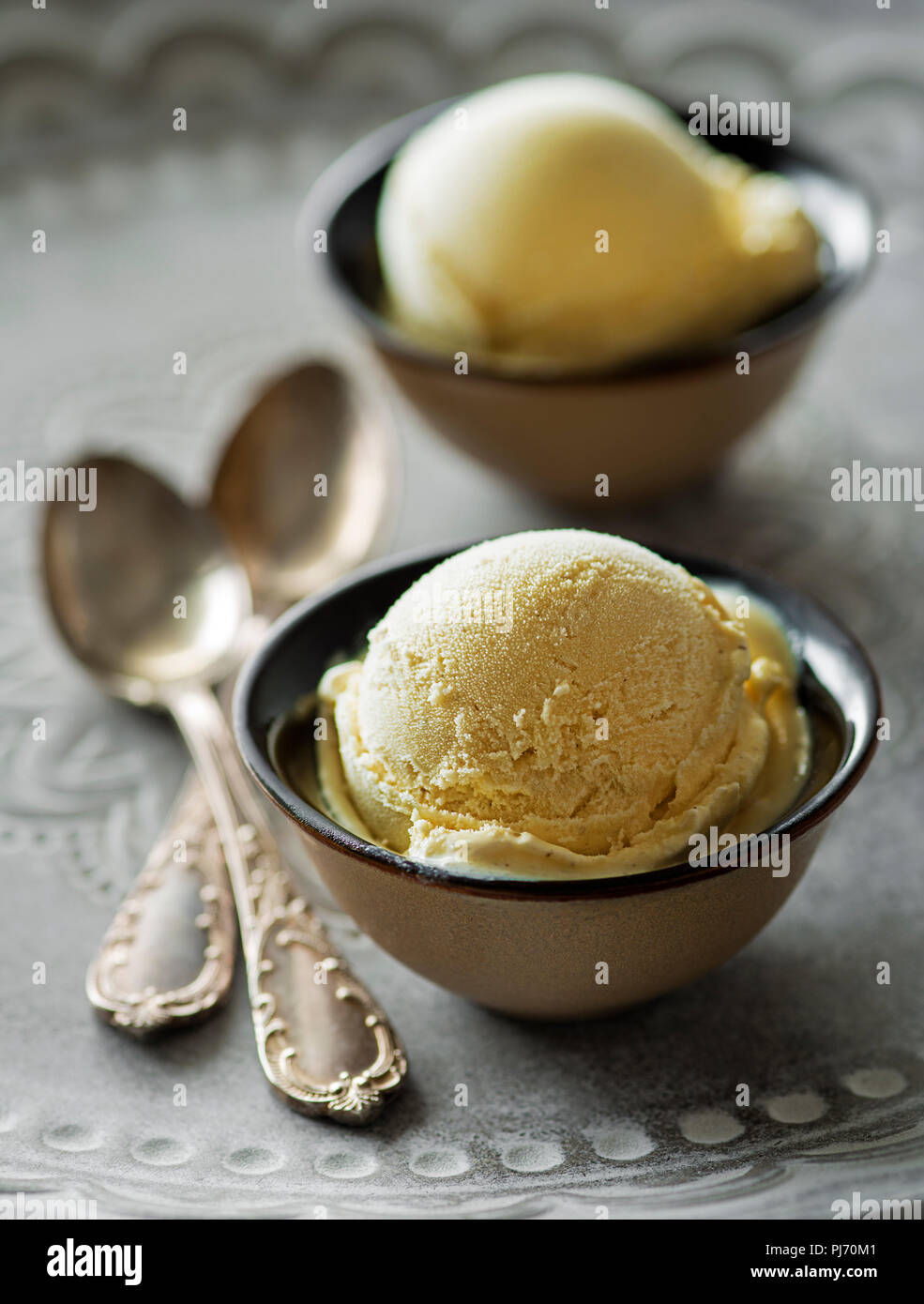 Homemade Organic Vanilla Ice Cream scoops in two bowls Stock Photo