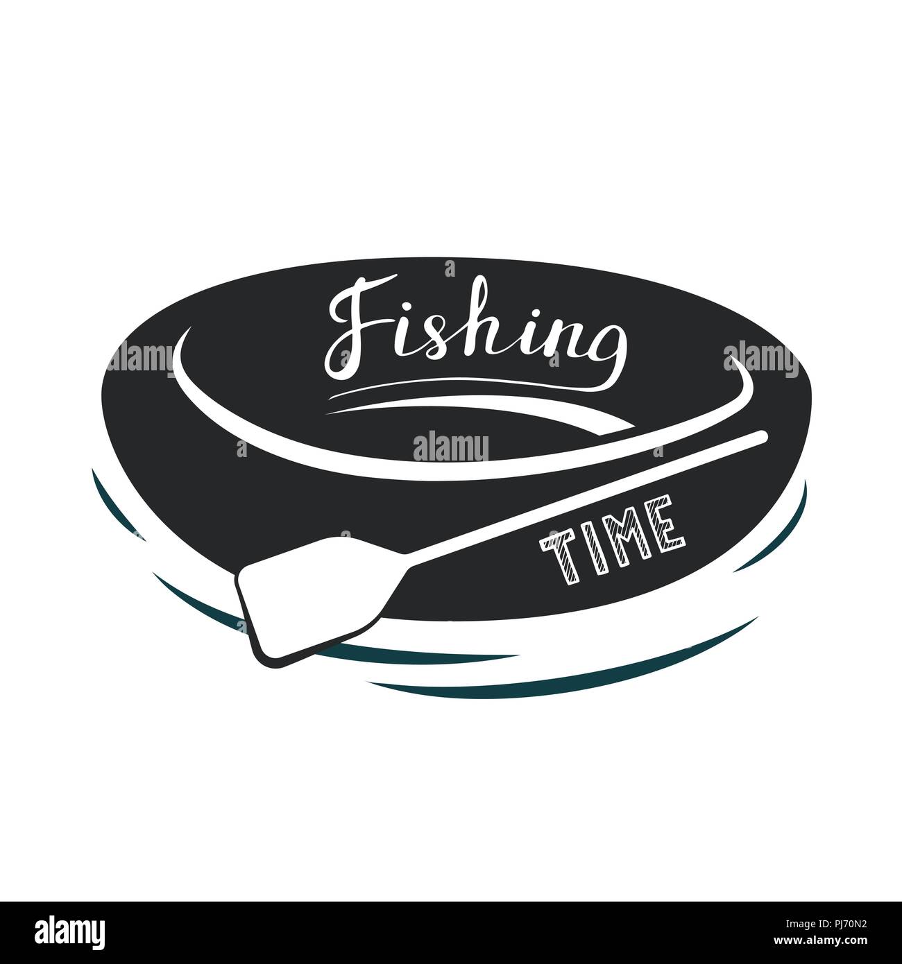 Rubber rowing boat with paddle. Black and white icon. Vector illustration. Fishing time. Stock Vector