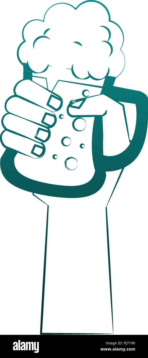 Hand holding beer cup in blue lines Stock Vector