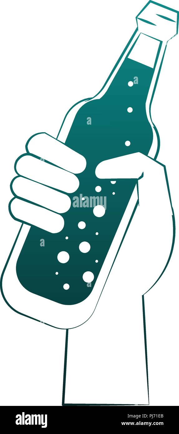 Hand with beer bottle in blue lines Stock Vector