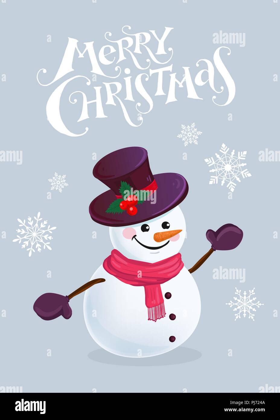 Funny snowman in hat, scarf and mittens on snowy background. Merry ...