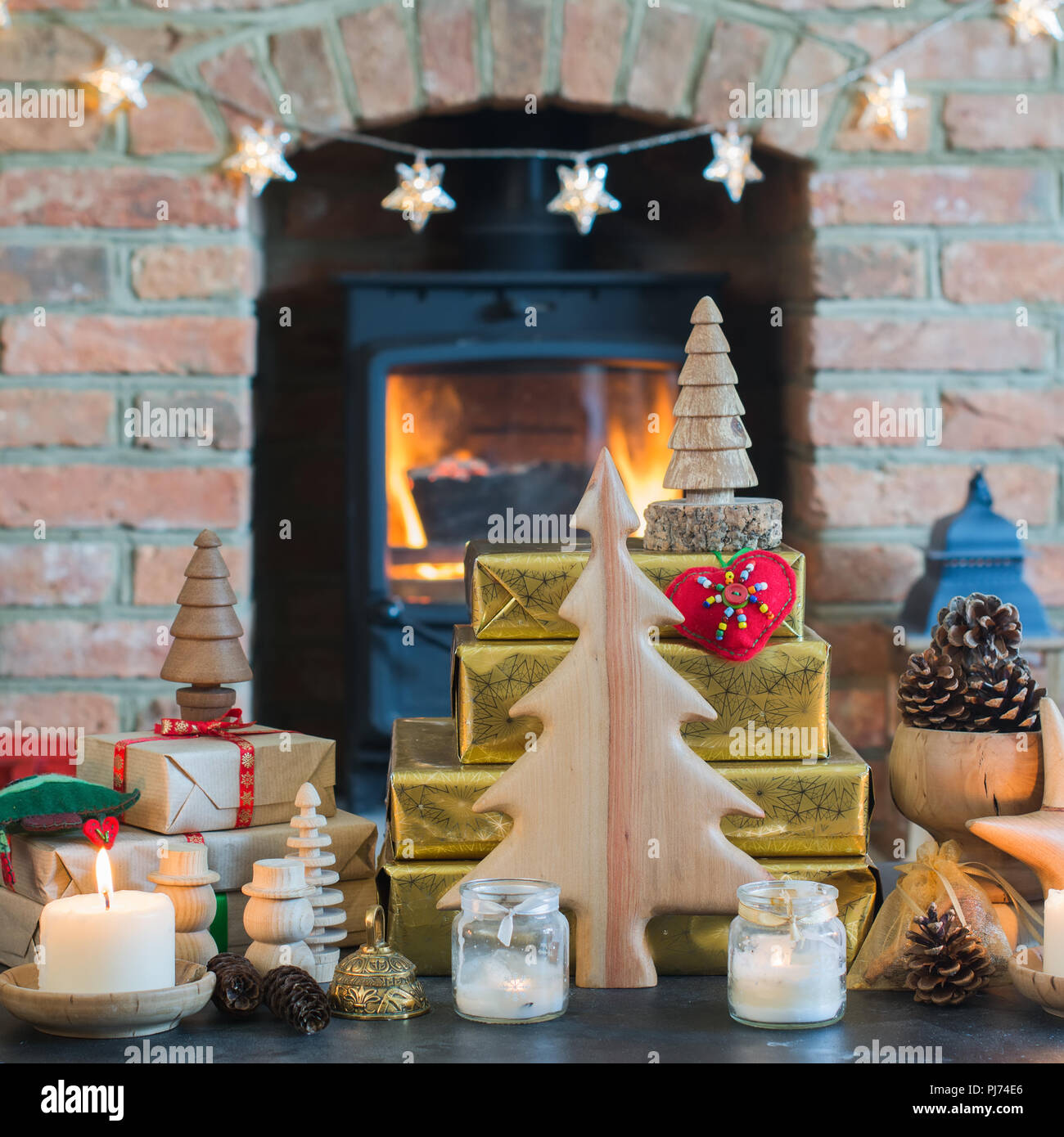 Christmas Settinig Lantern Presents And Handmade Wooden
