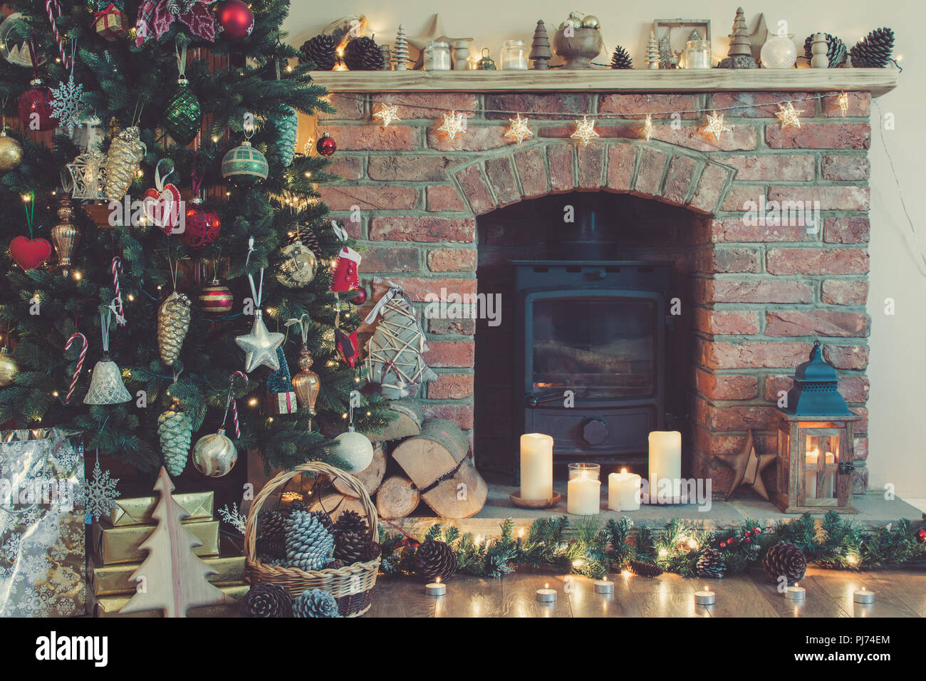 Beautiful Christmas Setting Decorated Fireplace With Woodburner