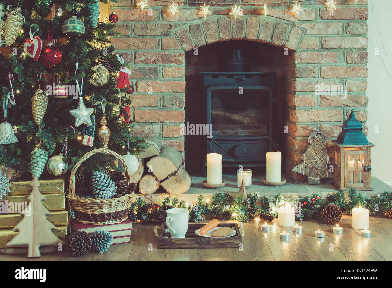 Beautiful Christmas Setting Decorated Fireplace With Woodburner
