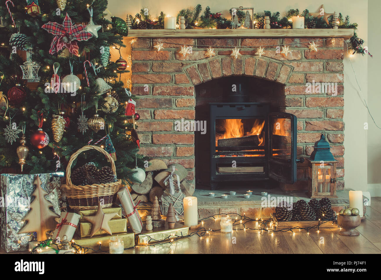 Beautiful Christmas Setting Decorated Fireplace With Woodburner