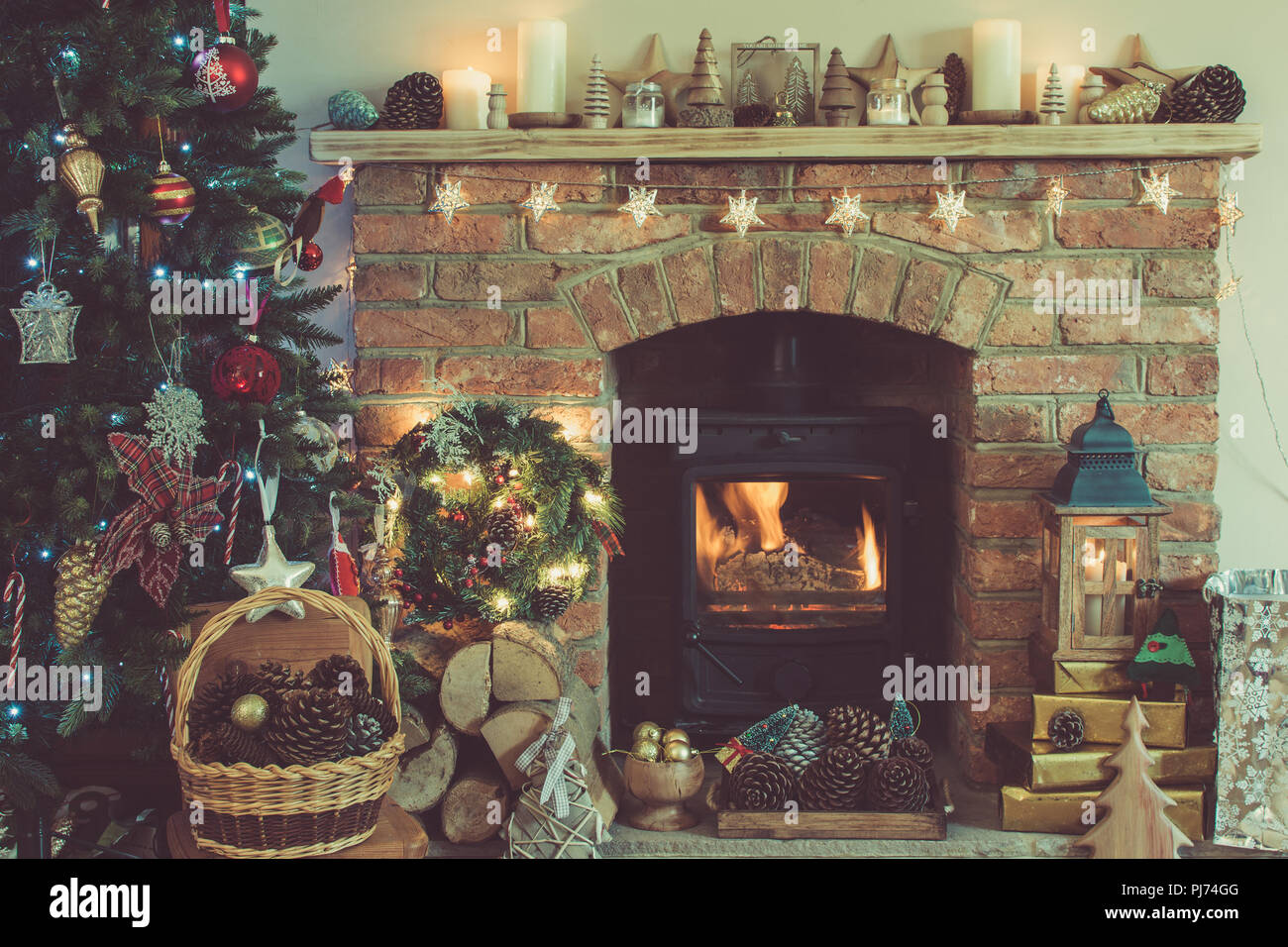 Beautiful Christmas Setting Decorated Fireplace With Woodburner