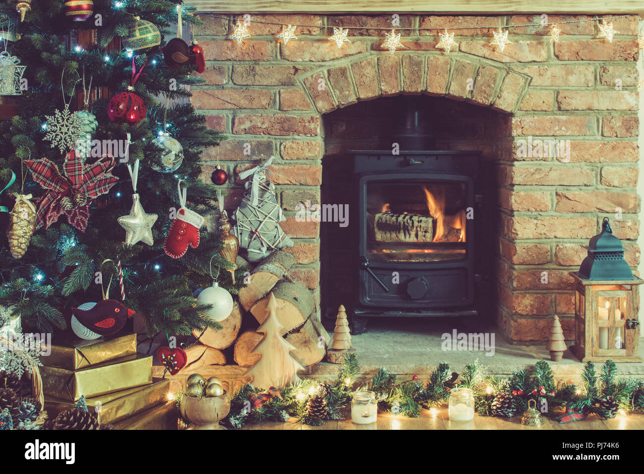 Toned Photo Of Beautiful Christmas Setting Decorated Fireplace