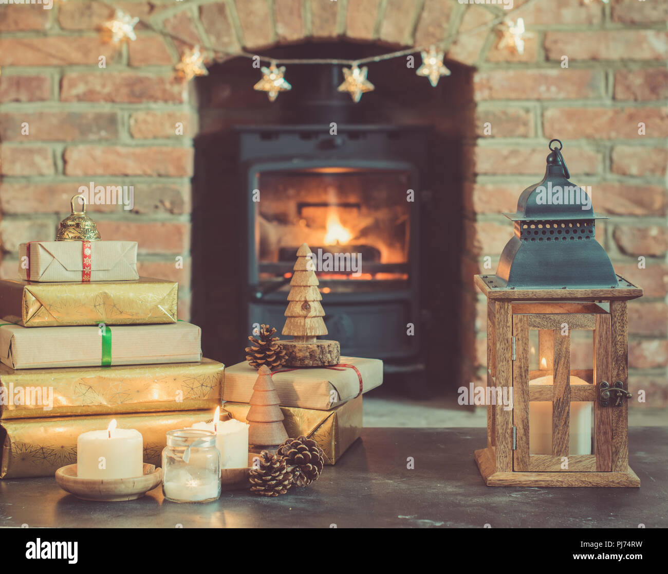 Christmas Lantern Presents And Handmade Wooden Decorations On The