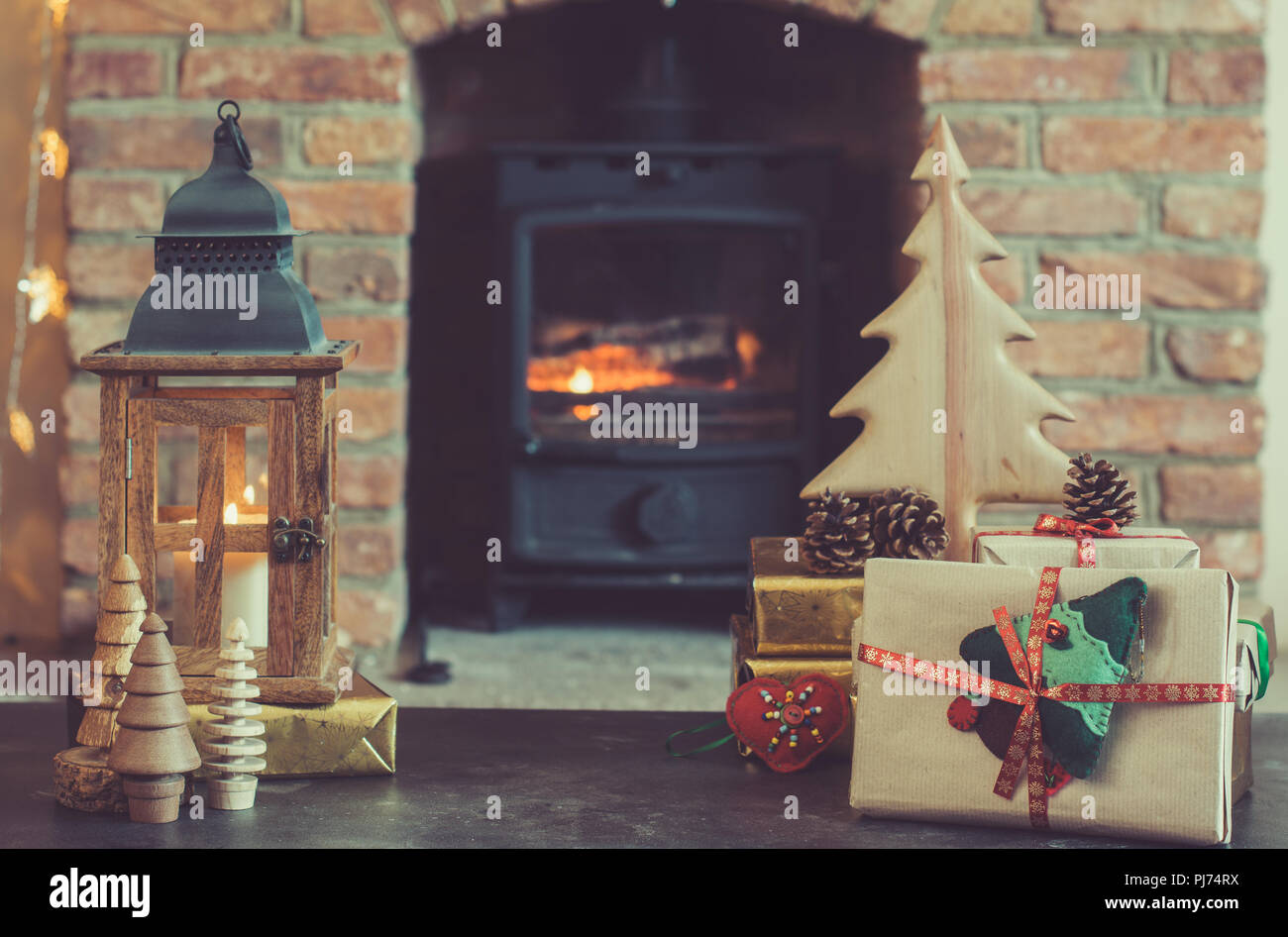 Presents Christmas Lantern And Handmade Wooden Decorations On The