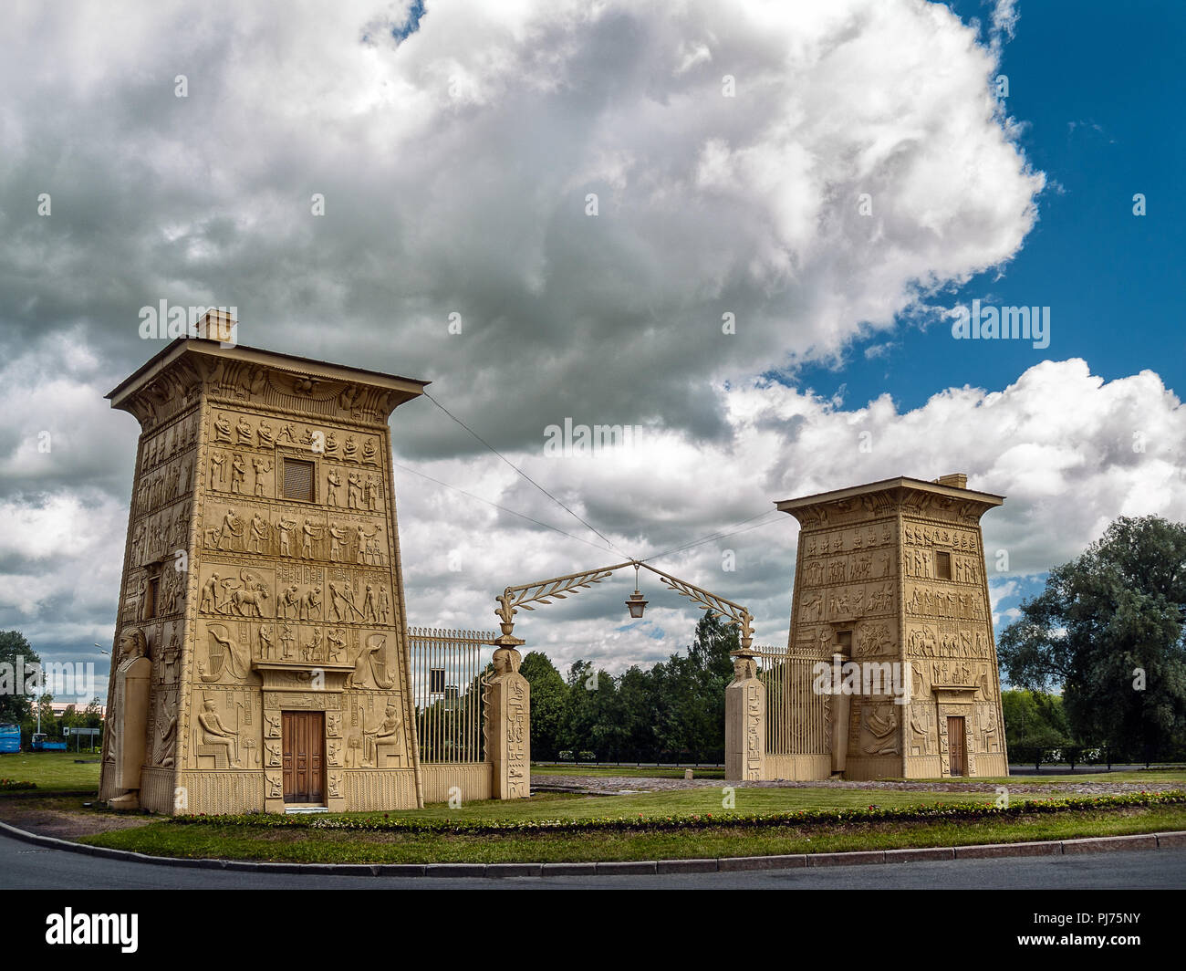 Historical architectural object Egyptian gate made in the Egyptian style at the entrance to Tsarskoe Selo in St. Petersburg Stock Photo