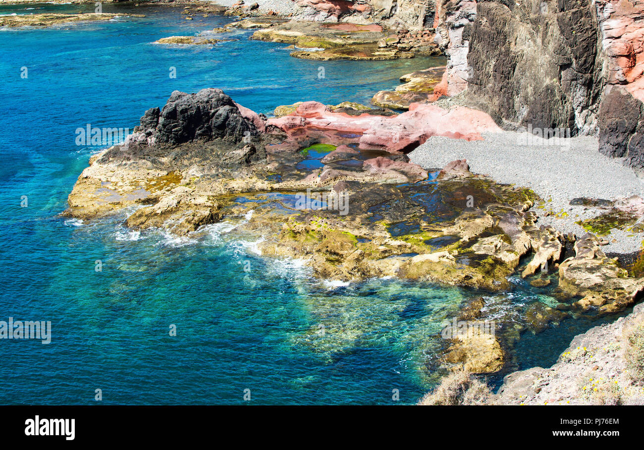 Coastal landscape in the south of Lanzarote, Canary islands, las Coloradas beach to the East of Playa Blanca Stock Photo