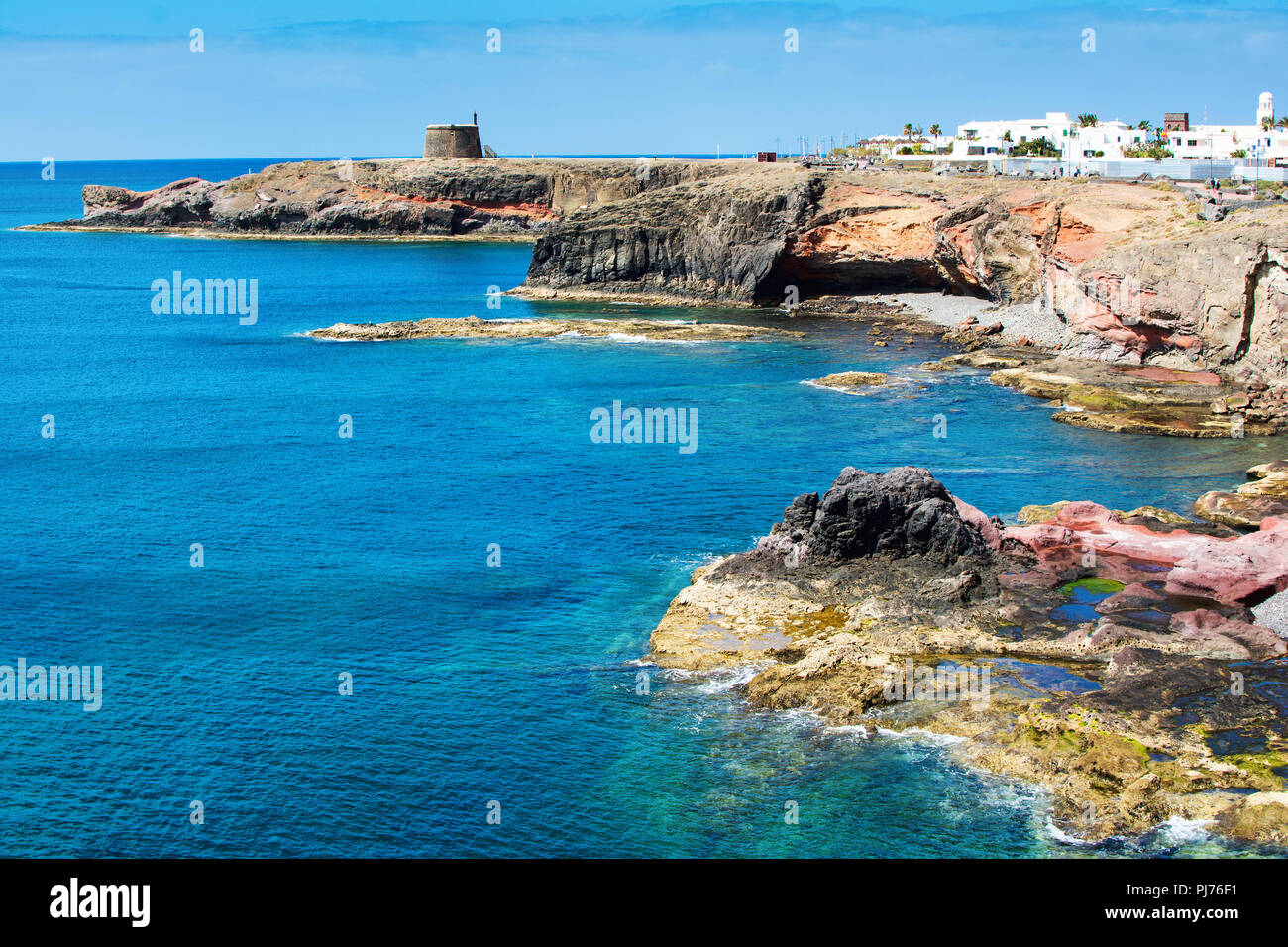 Coastal landscape in the south of Lanzarote, Canary islands, las Coloradas beach to the East of Playa Blanca Stock Photo