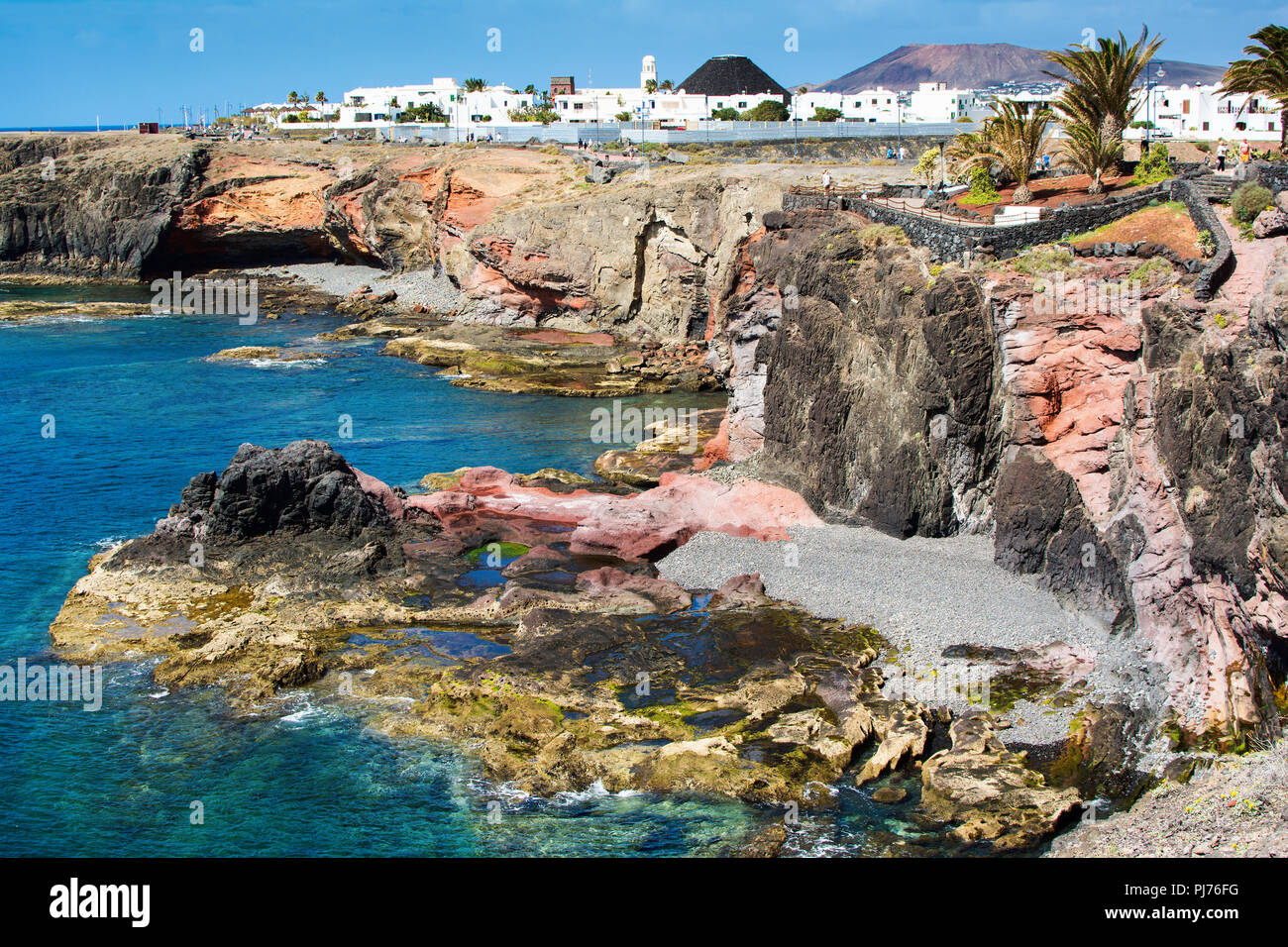 Coastal landscape in the south of Lanzarote, Canary islands, las Coloradas beach to the East of Playa Blanca Stock Photo