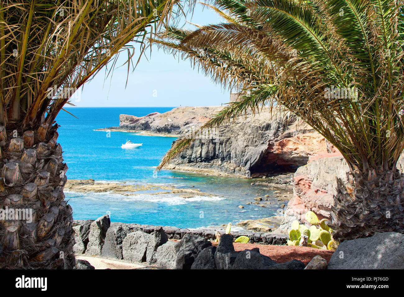 Coastal landscape in the south of Lanzarote, Canary islands, las Coloradas beach to the East of Playa Blanca Stock Photo