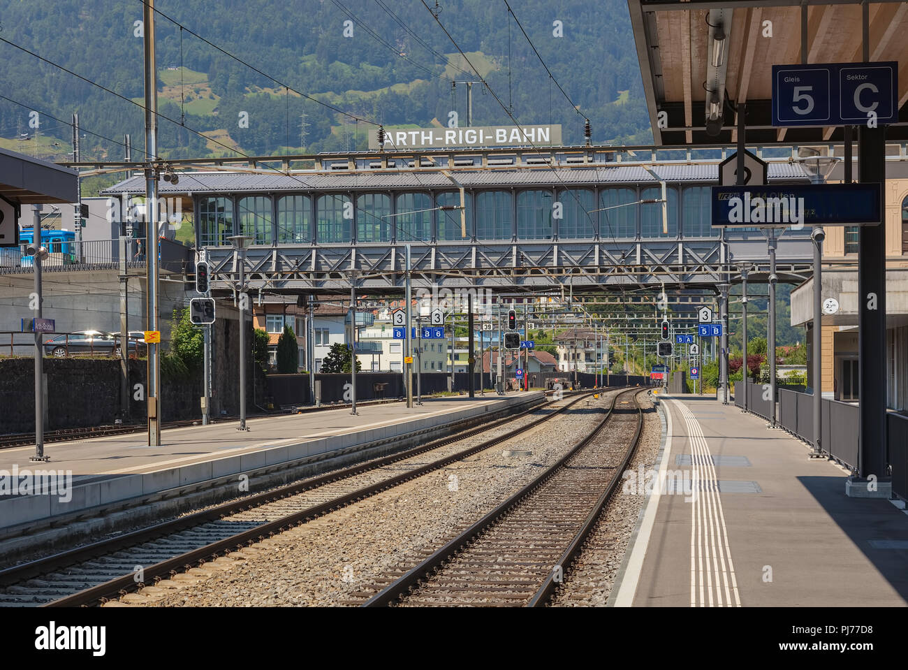 Arth-Rigi-Bahn railway station in Switzerland, view from the plaform of the Arth-Goldau railway station Stock Photo