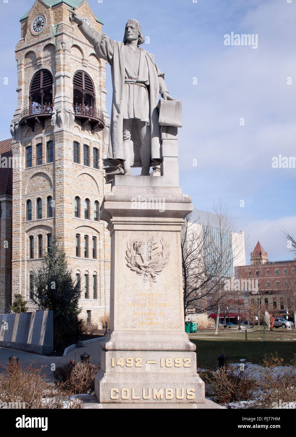 A Christopher Columbus statue stands in Scranton, Pennsylvania, honoring the controversial explorer’s place in world history. Stock Photo