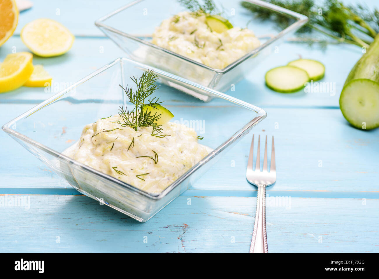 Traditional greek food  tzatziki. Sauce from cucumber, garlic, dill and yogurt Stock Photo