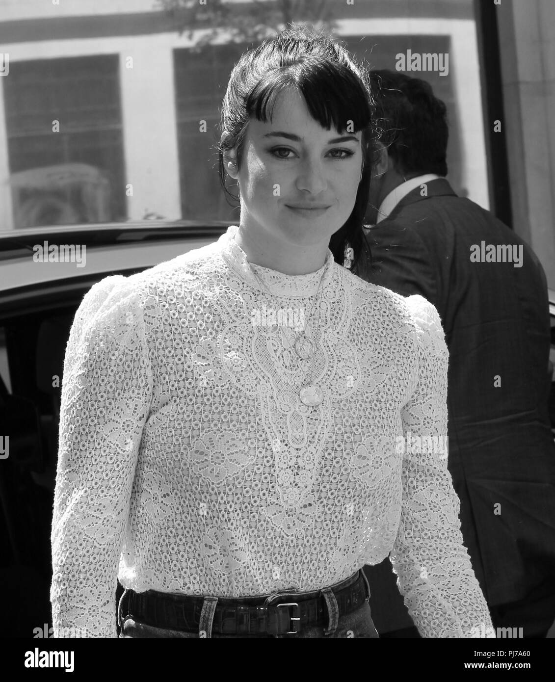 LONDON - JUN 25, 2018: ( Image digitally altered to monochrome ) Shailene Woodley seen arriving to the BBC studios Stock Photo