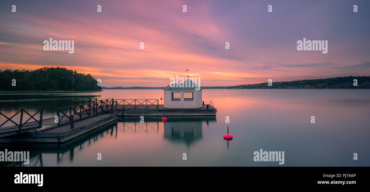 Sunrise at the bath house in Saltsjöbaden in the province of Nacka on the east coast of Sweden. Stock Photo