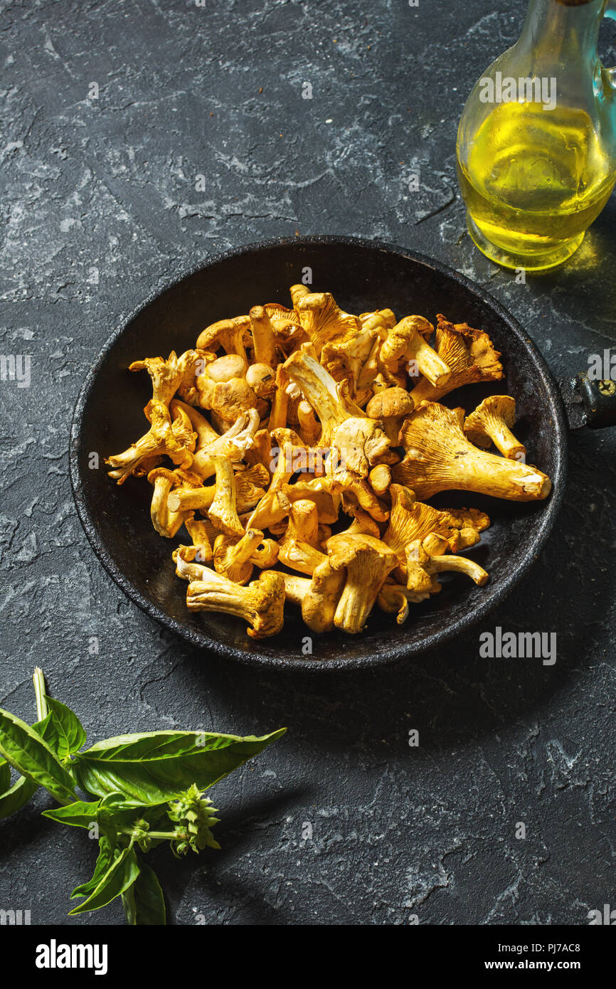 Fresh chanterelle mushrooms in a pan on a black stone table. Stock Photo