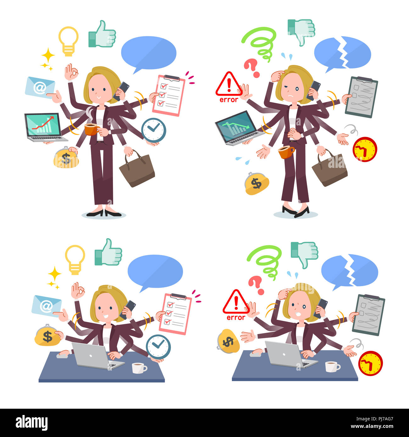 A set of women who perform multitasking in the office.There are things to do smoothly and a pattern that is in a panic.It's vector art so it's easy to Stock Photo