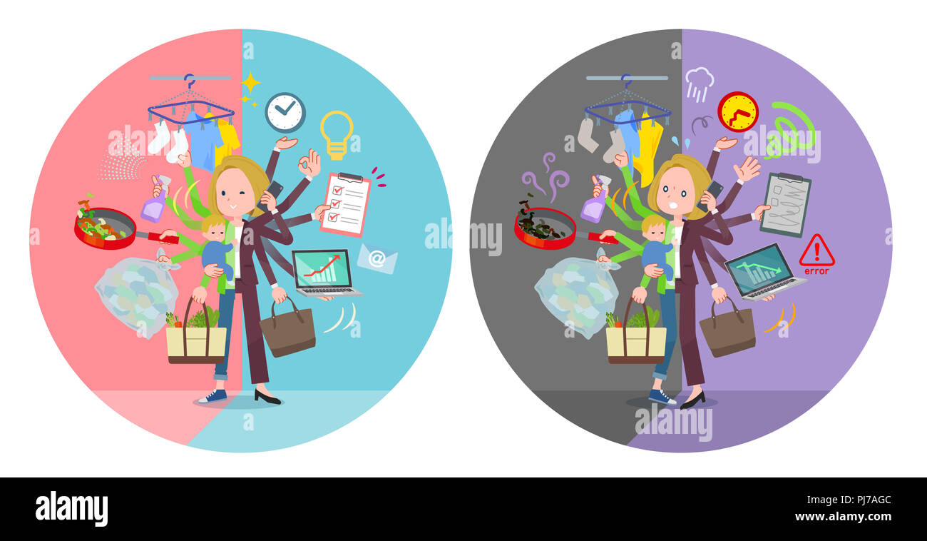 A set of women who perform multitasking in offices and private.There are things to do smoothly and a pattern that is in a panic.It's vector art so it' Stock Photo