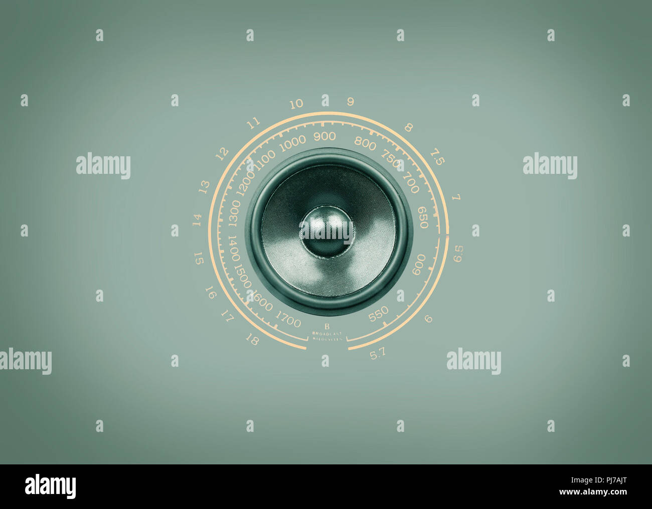Radio dial and speaker on a retro green background with copy space, 3D illustration Stock Photo