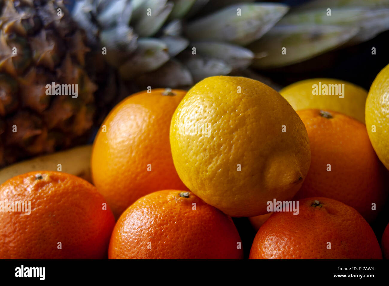 Pineapple with mix of tropical fruits, including oranges, lemons and