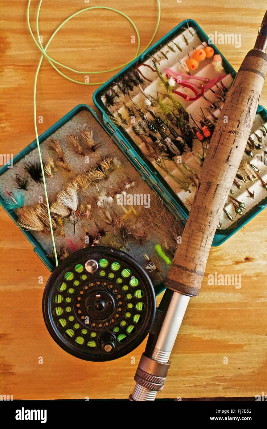 Fly / Fishing Rod and Reel sitting on top of a flybox with Flies