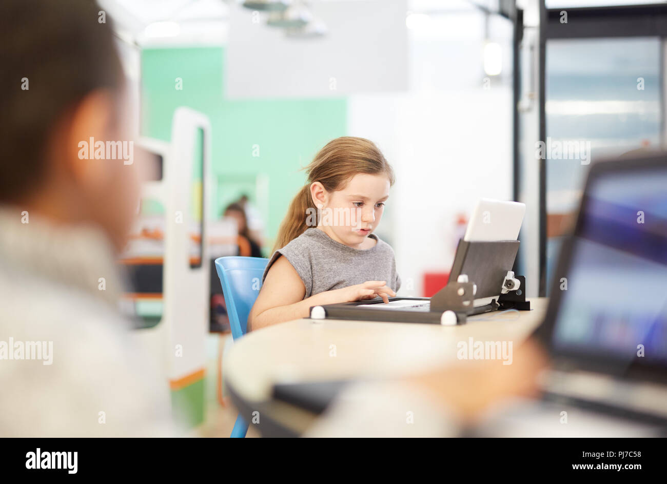 Focused girl using laptop Stock Photo