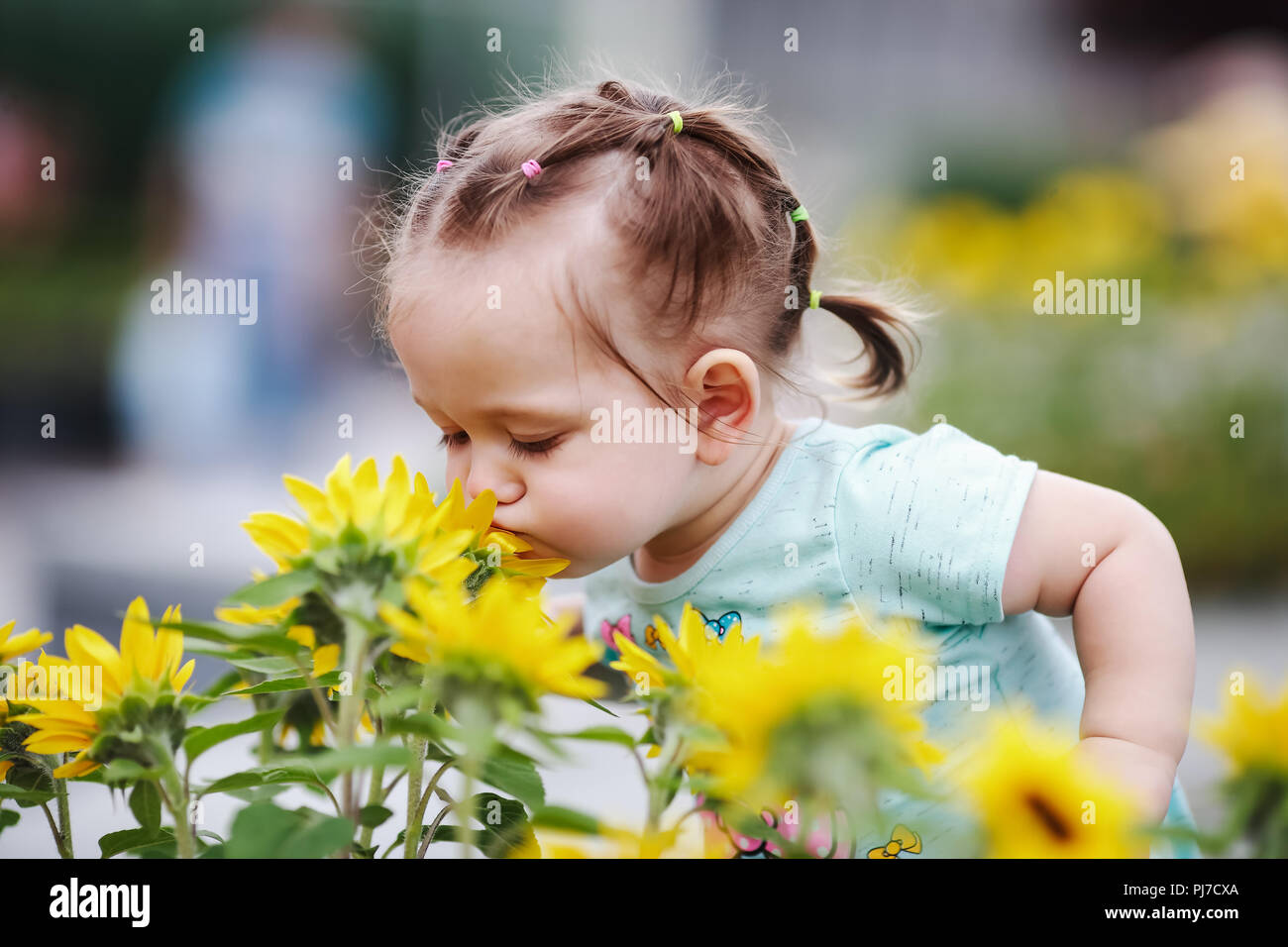 Little girl smelling flowers Stock Photo