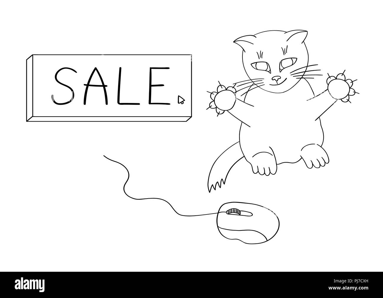 The cat hunts for a computer mouse to get on sales. Humor Stock Vector