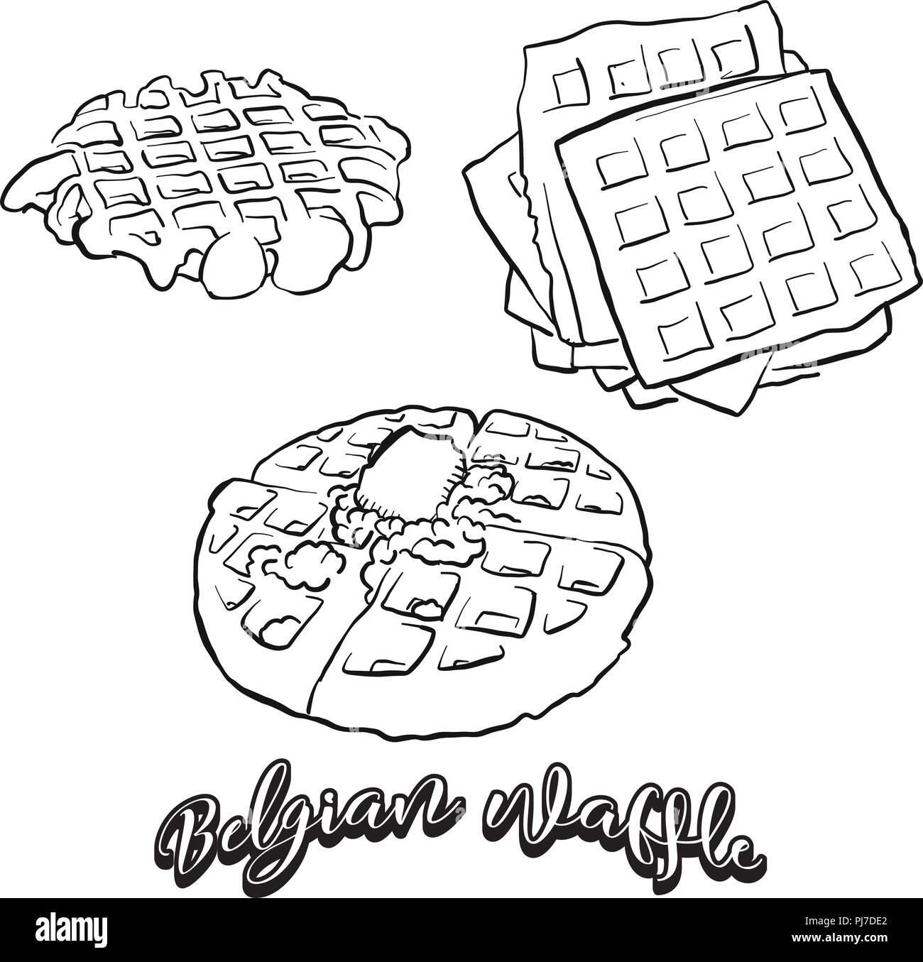 Hand drawn sketch of Belgian waffle bread. Vector drawing of Waffle food, usually known in Belgium. Bread illustration series. Stock Vector