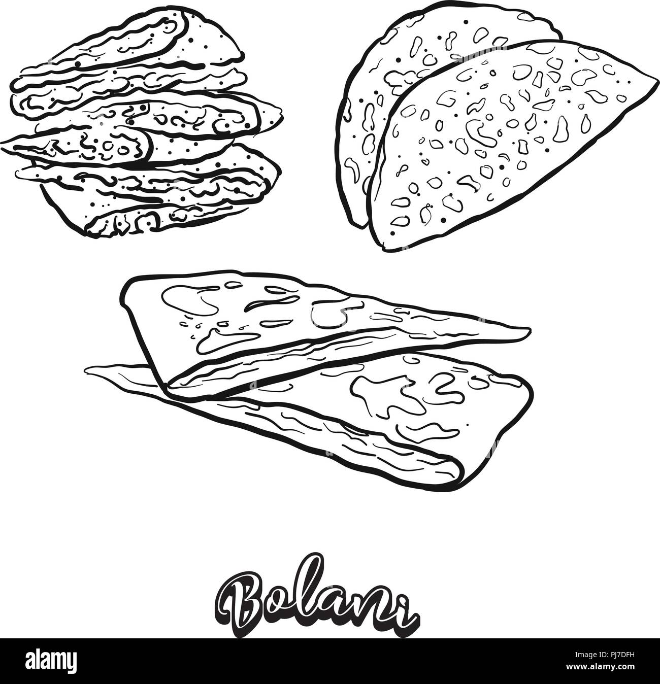 Hand drawn sketch of Bolani bread. Vector drawing of Flatbread food, usually known in Afghanistan. Bread illustration series. Stock Vector