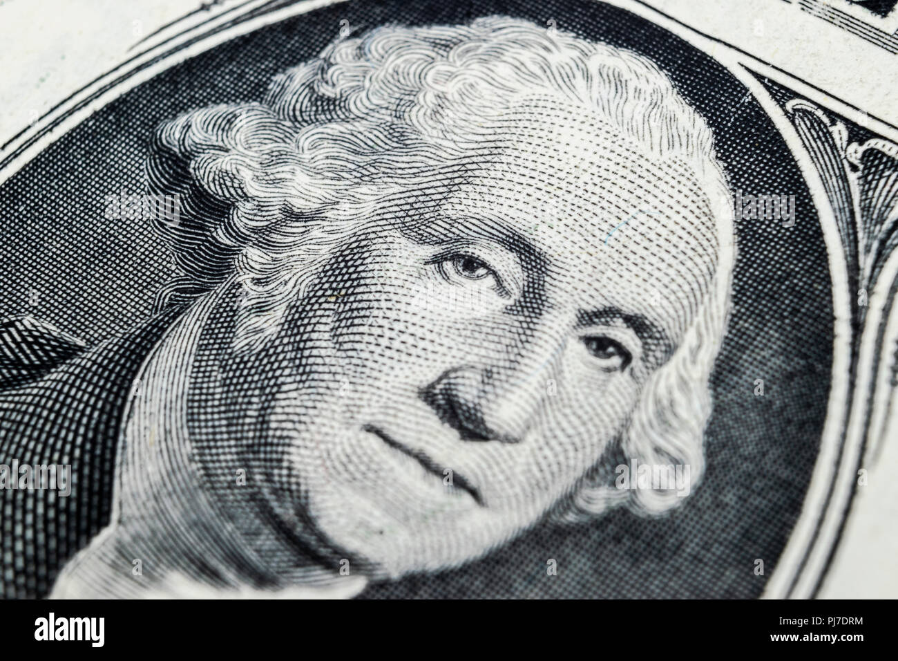 US president George Washington face portrait on the USA one dollar note. Macro shot. Background of the money. George Washington eyes macro shot. Stock Photo